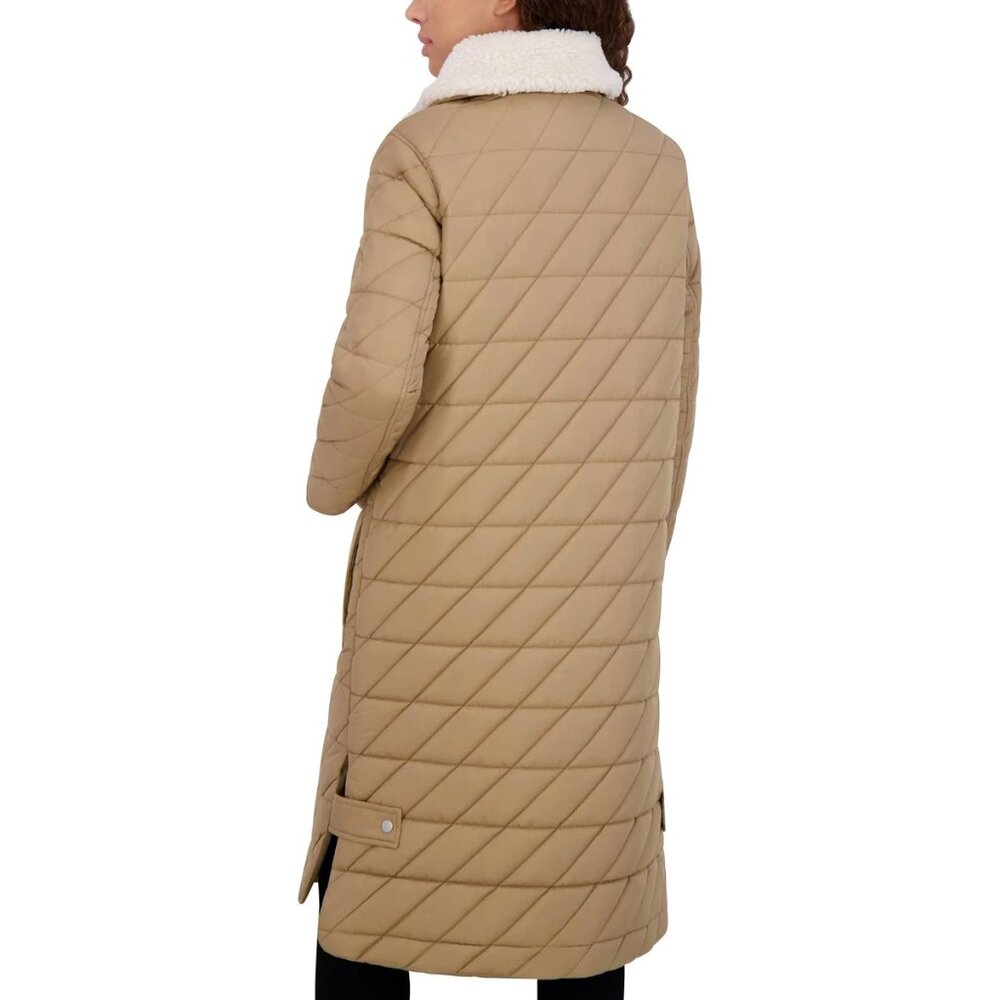 NEW Andrew Marc Women Maxine Khaki Faux Shearling Collar Long Zip Quilted Coat - Picture 3 of 3